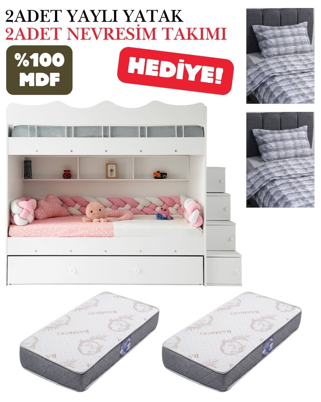 Bulut Ranza / Ücretsiz Kurulum / %100 MDF / 2 Adet Bambo Yaylı Yatak / 2 Adet Nevresim Takımı Hediye / Beyaz