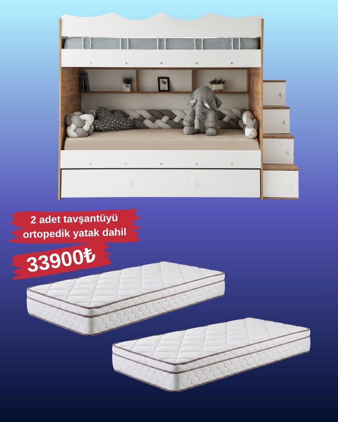 Bulut Ranza / Ücretsiz Kurulum / %100 MDF / 2 Adet Bambo Yaylı Yatak / 2 Adet Nevresim Takımı Hediye / Çam-Beyaz