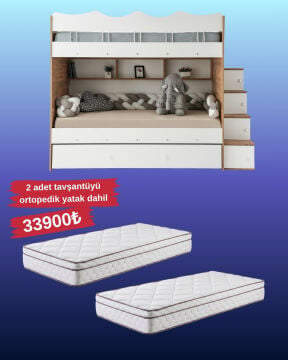 Bulut Ranza / Ücretsiz Kurulum / %100 MDF / 2 Adet Bambo Yaylı Yatak / 2 Adet Nevresim Takımı Hediye / Çam-Beyaz
