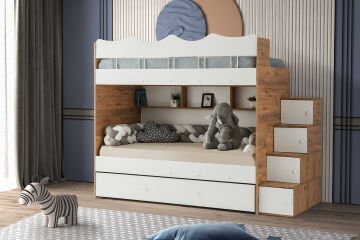 Bulut Ranza / Ücretsiz Kurulum / %100 MDF / 2 Adet Bambo Yaylı Yatak / 2 Adet Nevresim Takımı Hediye / Çam-Beyaz