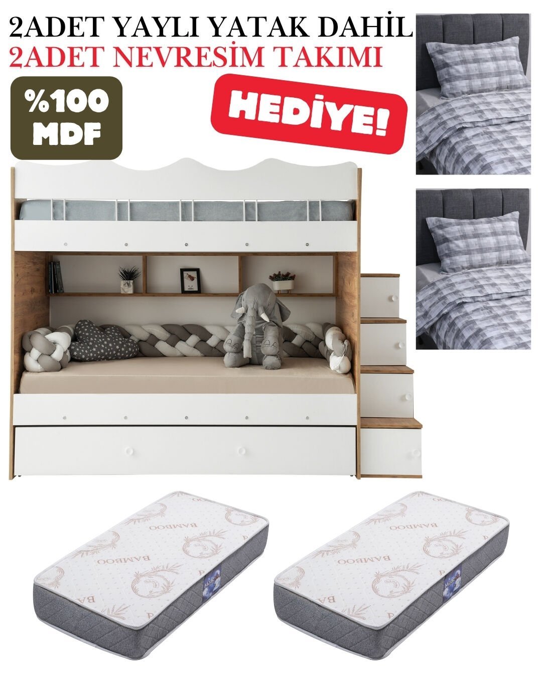 Bulut Ranza / Ücretsiz Kurulum / %100 MDF / 2 Adet Bambo Yaylı Yatak / 2 Adet Nevresim Takımı Hediye / Çam-Beyaz