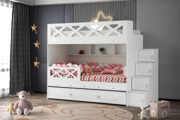 Mars Ranza / Ücretsiz Kurulum / %100 MDF / 2 Adet Bambo Yaylı Yatak / 2 Adet Nevresim Takımı Hediye / Beyaz