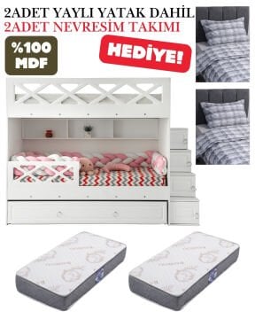 Mars Ranza / Ücretsiz Kurulum / %100 MDF / 2 Adet Bambo Yaylı Yatak / 2 Adet Nevresim Takımı Hediye / Beyaz