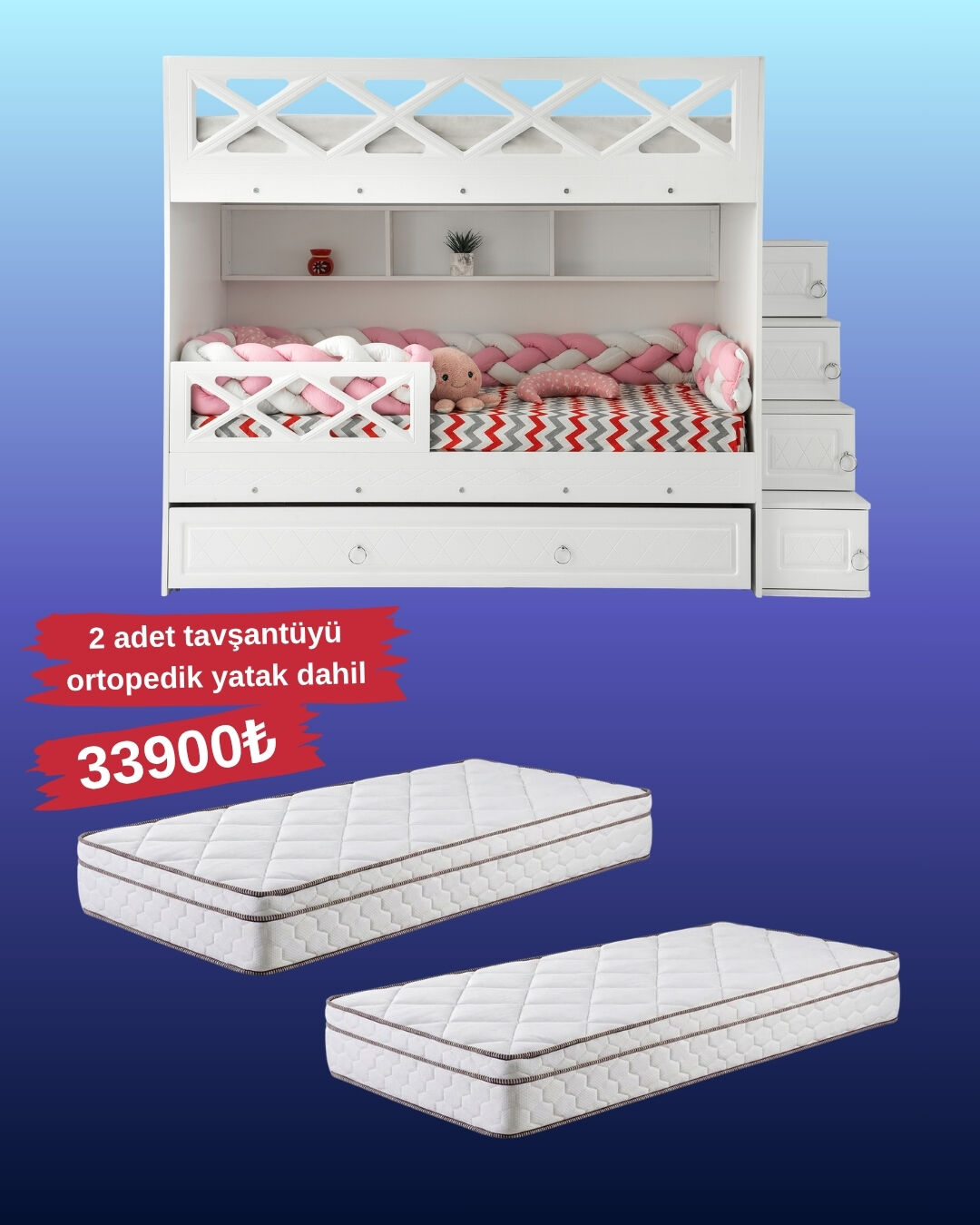 Mars Ranza / Ücretsiz Kurulum / %100 MDF / 2 Adet Bambo Yaylı Yatak / 2 Adet Nevresim Takımı Hediye / Beyaz