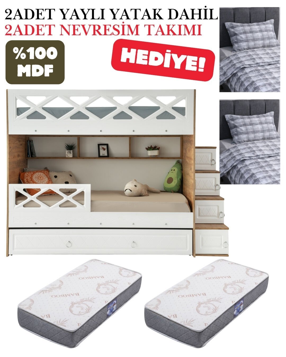 Mars Ranza / Ücretsiz Kurulum / %100 MDF / 2 Adet Bambo Yaylı Yatak / 2 Adet Nevresim Takımı Hediye / Çam-Beyaz