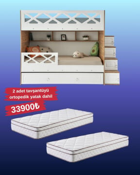 Mars Ranza / Ücretsiz Kurulum / %100 MDF / 2 Adet Bambo Yaylı Yatak / 2 Adet Nevresim Takımı Hediye / Çam-Beyaz