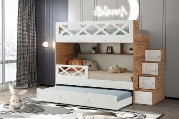 Mars Ranza / Ücretsiz Kurulum / %100 MDF / 2 Adet Bambo Yaylı Yatak / 2 Adet Nevresim Takımı Hediye / Çam-Beyaz