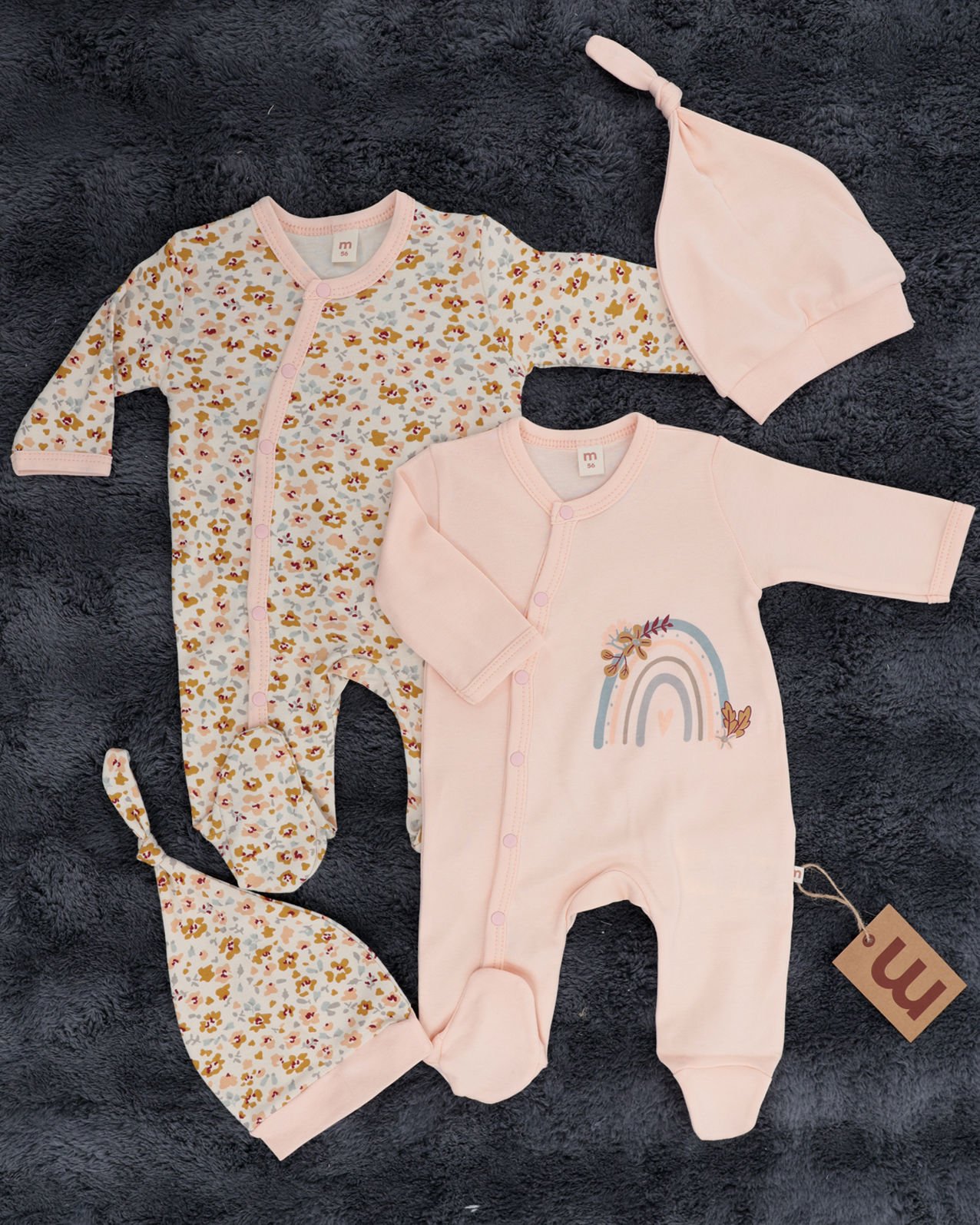 2'li Tulum Seti / 2 Adet Şapka Hediye / %100 Pamuklu Yenidoğan Tulum Seti Bej-Çiçek