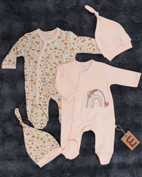 2'li Tulum Seti / 2 Adet Şapka Hediye / %100 Pamuklu Yenidoğan Tulum Seti Bej-Çiçek