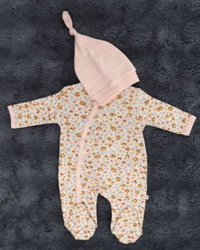 2'li Tulum Seti / 2 Adet Şapka Hediye / %100 Pamuklu Yenidoğan Tulum Seti Bej-Çiçek