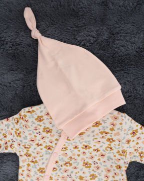 2'li Tulum Seti / 2 Adet Şapka Hediye / %100 Pamuklu Yenidoğan Tulum Seti Bej-Çiçek