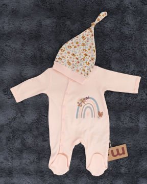 2'li Tulum Seti / 2 Adet Şapka Hediye / %100 Pamuklu Yenidoğan Tulum Seti Bej-Çiçek