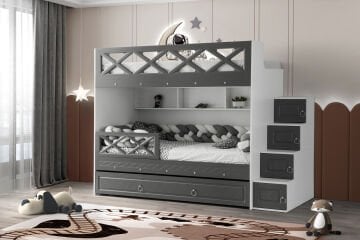 Mars Ranza / Ücretsiz Kurulum / %100 MDF / 2 Adet Bambo Yaylı Yatak / 2 Adet Nevresim Takımı Hediye / Beyaz-Antrasit