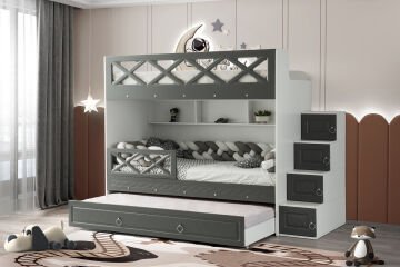 Mars Ranza / Ücretsiz Kurulum / %100 MDF / 2 Adet Bambo Yaylı Yatak / 2 Adet Nevresim Takımı Hediye / Beyaz-Antrasit