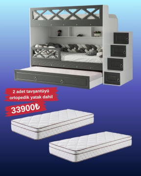 Mars Ranza / Ücretsiz Kurulum / %100 MDF / 2 Adet Bambo Yaylı Yatak / 2 Adet Nevresim Takımı Hediye / Beyaz-Antrasit