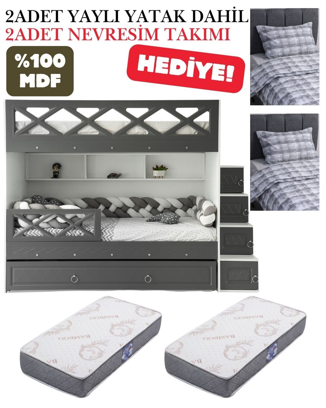 Mars Ranza / Ücretsiz Kurulum / %100 MDF / 2 Adet Bambo Yaylı Yatak / 2 Adet Nevresim Takımı Hediye / Beyaz-Antrasit