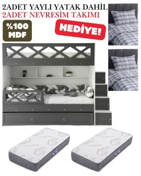 Mars Ranza / Ücretsiz Kurulum / %100 MDF / 2 Adet Bambo Yaylı Yatak / 2 Adet Nevresim Takımı Hediye / Beyaz-Antrasit