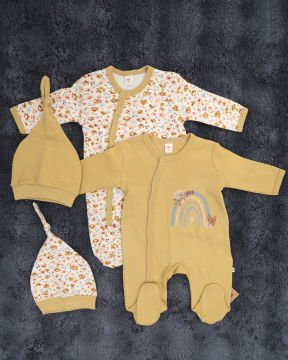 2'li Tulum Seti / 2 Adet Şapka Hediye / %100 Pamuklu Yenidoğan Tulum Seti D-Yeşil/Çiçek