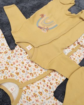 2'li Tulum Seti / 2 Adet Şapka Hediye / %100 Pamuklu Yenidoğan Tulum Seti D-Yeşil/Çiçek