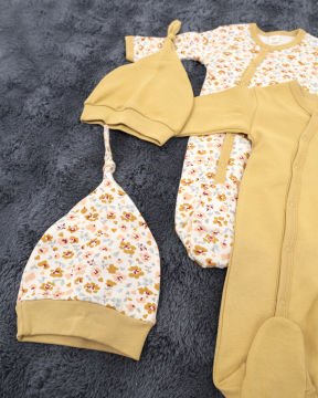 2'li Tulum Seti / 2 Adet Şapka Hediye / %100 Pamuklu Yenidoğan Tulum Seti D-Yeşil/Çiçek