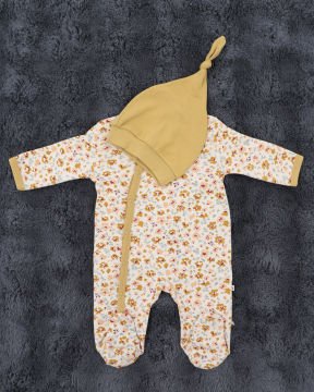 2'li Tulum Seti / 2 Adet Şapka Hediye / %100 Pamuklu Yenidoğan Tulum Seti D-Yeşil/Çiçek