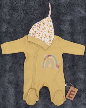 2'li Tulum Seti / 2 Adet Şapka Hediye / %100 Pamuklu Yenidoğan Tulum Seti D-Yeşil/Çiçek