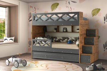 Mars Ranza / Ücretsiz Kurulum / %100 MDF / 2 Adet Bambo Yaylı Yatak / 2 Adet Nevresim Takımı Hediye / Çam-Antrasit