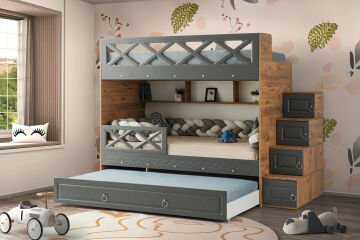 Mars Ranza / Ücretsiz Kurulum / %100 MDF / 2 Adet Bambo Yaylı Yatak / 2 Adet Nevresim Takımı Hediye / Çam-Antrasit