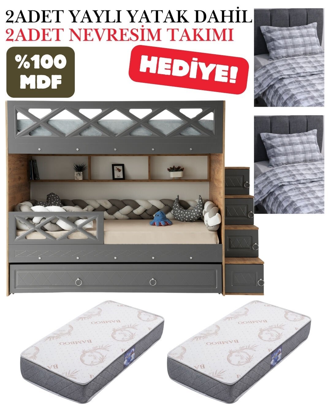Mars Ranza / Ücretsiz Kurulum / %100 MDF / 2 Adet Bambo Yaylı Yatak / 2 Adet Nevresim Takımı Hediye / Çam-Antrasit