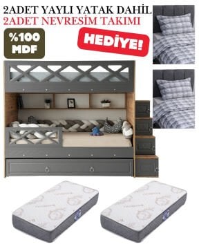 Mars Ranza / Ücretsiz Kurulum / %100 MDF / 2 Adet Bambo Yaylı Yatak / 2 Adet Nevresim Takımı Hediye / Çam-Antrasit
