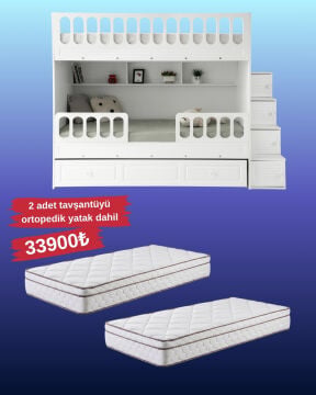 Panjur Ranza / Ücretsiz Kurulum / %100 MDF / 2 Adet Bambo Yaylı Yatak / 2 Adet Nevresim Takımı Hediye / Beyaz