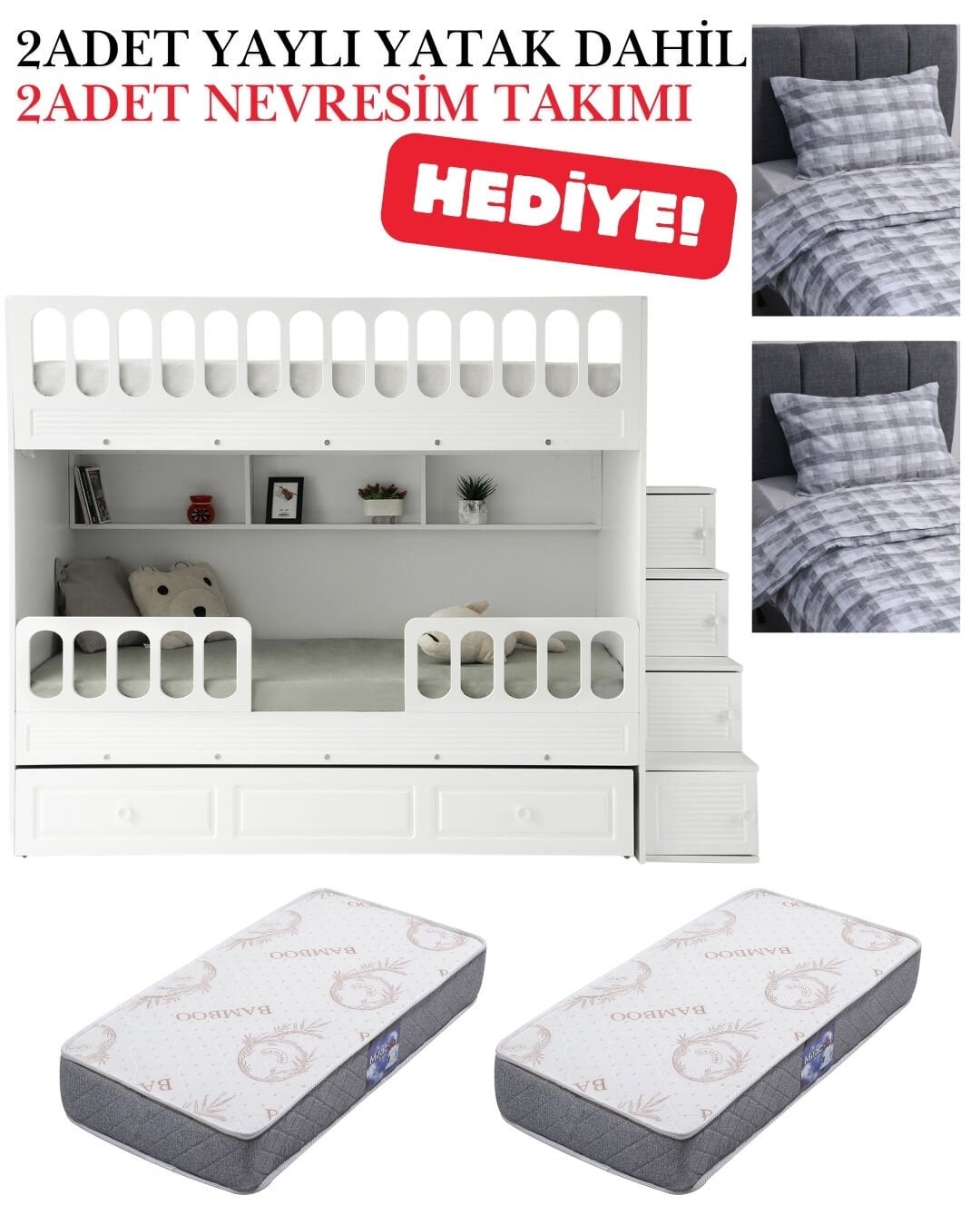Panjur Ranza / Ücretsiz Kurulum / %100 MDF / 2 Adet Bambo Yaylı Yatak / 2 Adet Nevresim Takımı Hediye / Beyaz