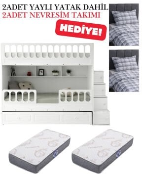 Panjur Ranza / Ücretsiz Kurulum / %100 MDF / 2 Adet Bambo Yaylı Yatak / 2 Adet Nevresim Takımı Hediye / Beyaz