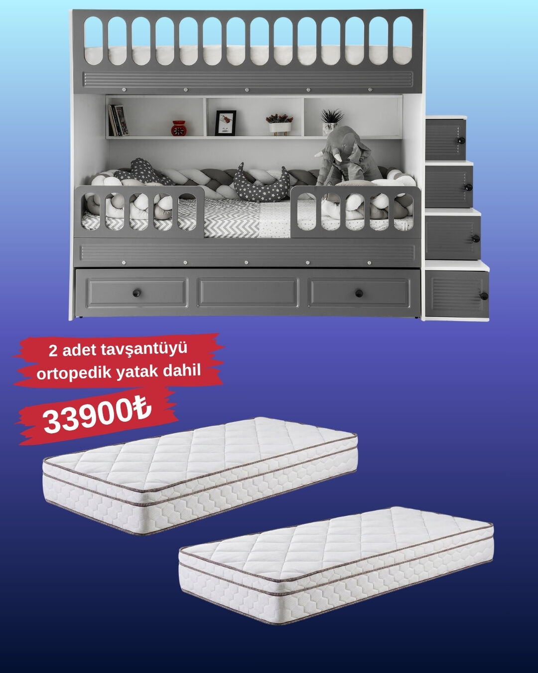 Panjur Ranza / Ücretsiz Kurulum / %100 MDF / 2 Adet Bambo Yaylı Yatak / 2 Adet Nevresim Takımı Hediye / Beyaz-Antrasit