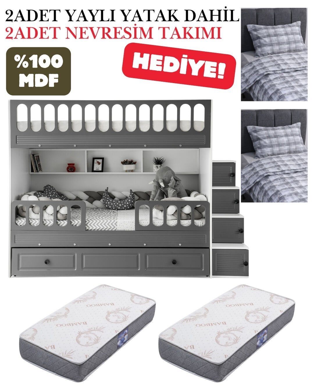 Panjur Ranza / Ücretsiz Kurulum / %100 MDF / 2 Adet Bambo Yaylı Yatak / 2 Adet Nevresim Takımı Hediye / Beyaz-Antrasit
