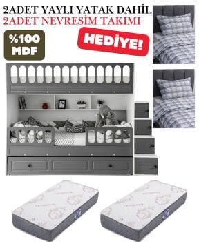 Panjur Ranza / Ücretsiz Kurulum / %100 MDF / 2 Adet Bambo Yaylı Yatak / 2 Adet Nevresim Takımı Hediye / Beyaz-Antrasit