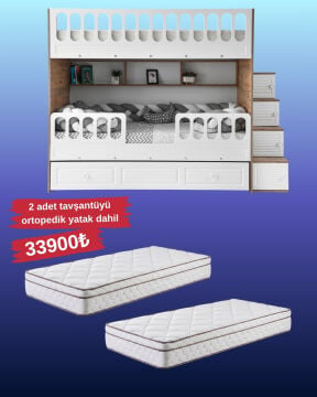 Panjur Ranza / Ücretsiz Kurulum / %100 MDF / 2 Adet Bambo Yaylı Yatak / 2 Adet Nevresim Takımı Hediye / Çam-Beyaz