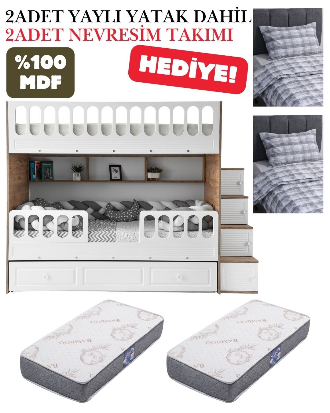 Panjur Ranza / Ücretsiz Kurulum / %100 MDF / 2 Adet Bambo Yaylı Yatak / 2 Adet Nevresim Takımı Hediye / Çam-Beyaz