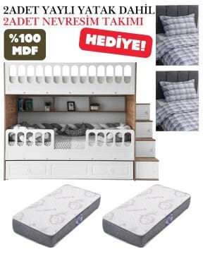 Panjur Ranza / Ücretsiz Kurulum / %100 MDF / 2 Adet Bambo Yaylı Yatak / 2 Adet Nevresim Takımı Hediye / Çam-Beyaz