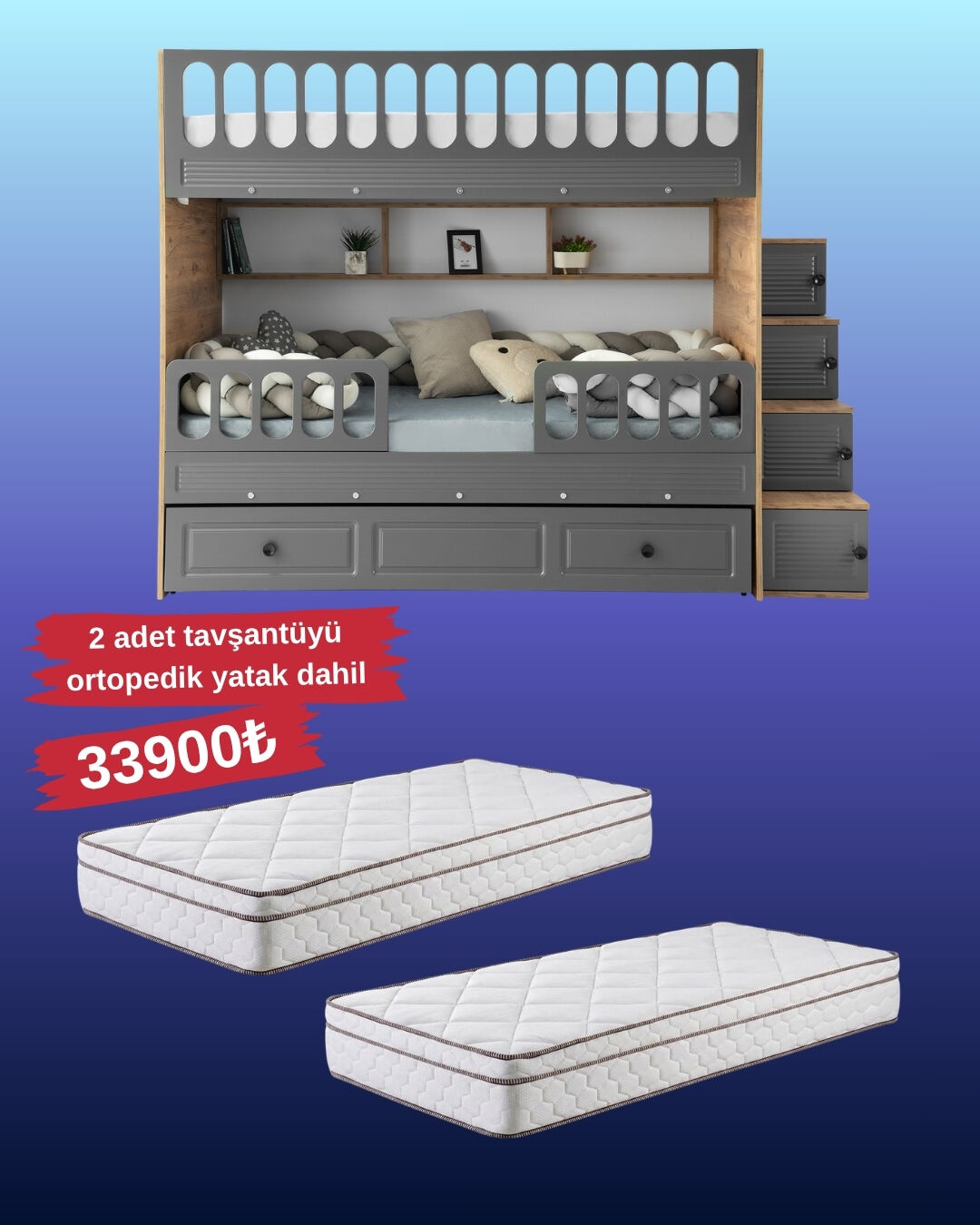 Panjur Ranza / Ücretsiz Kurulum / %100 MDF / 2 Adet Bambo Yaylı Yatak / 2 Adet Nevresim Takımı Hediye / Çam-Antrasit
