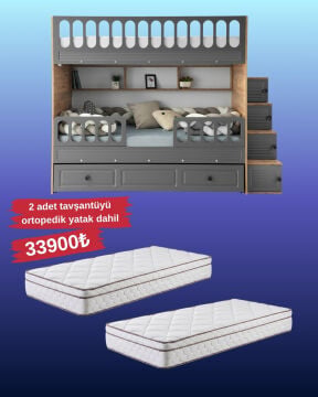 Panjur Ranza / Ücretsiz Kurulum / %100 MDF / 2 Adet Bambo Yaylı Yatak / 2 Adet Nevresim Takımı Hediye / Çam-Antrasit