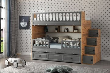 Panjur Ranza / Ücretsiz Kurulum / %100 MDF / 2 Adet Bambo Yaylı Yatak / 2 Adet Nevresim Takımı Hediye / Çam-Antrasit