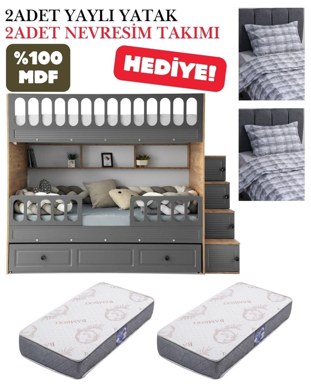 Panjur Ranza / Ücretsiz Kurulum / %100 MDF / 2 Adet Bambo Yaylı Yatak / 2 Adet Nevresim Takımı Hediye / Çam-Antrasit