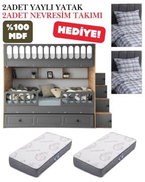 Panjur Ranza / Ücretsiz Kurulum / %100 MDF / 2 Adet Bambo Yaylı Yatak / 2 Adet Nevresim Takımı Hediye / Çam-Antrasit