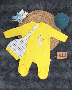 Zürafa Desenli Bebek Tulum / Şapka Hediye / %100 Pamuklu Kumaş Yenidoğan Tulum Sarı - 0-3 Ay