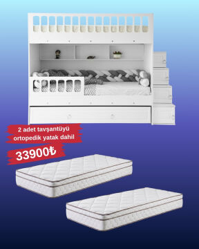 Zümrüt Ranza / Ücretsiz Kurulum / %100 MDF / 2 Adet Bambo Yaylı Yatak / 2 Adet Nevresim Takımı Hediye / Beyaz