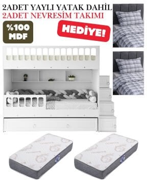Zümrüt Ranza / Ücretsiz Kurulum / %100 MDF / 2 Adet Bambo Yaylı Yatak / 2 Adet Nevresim Takımı Hediye / Beyaz