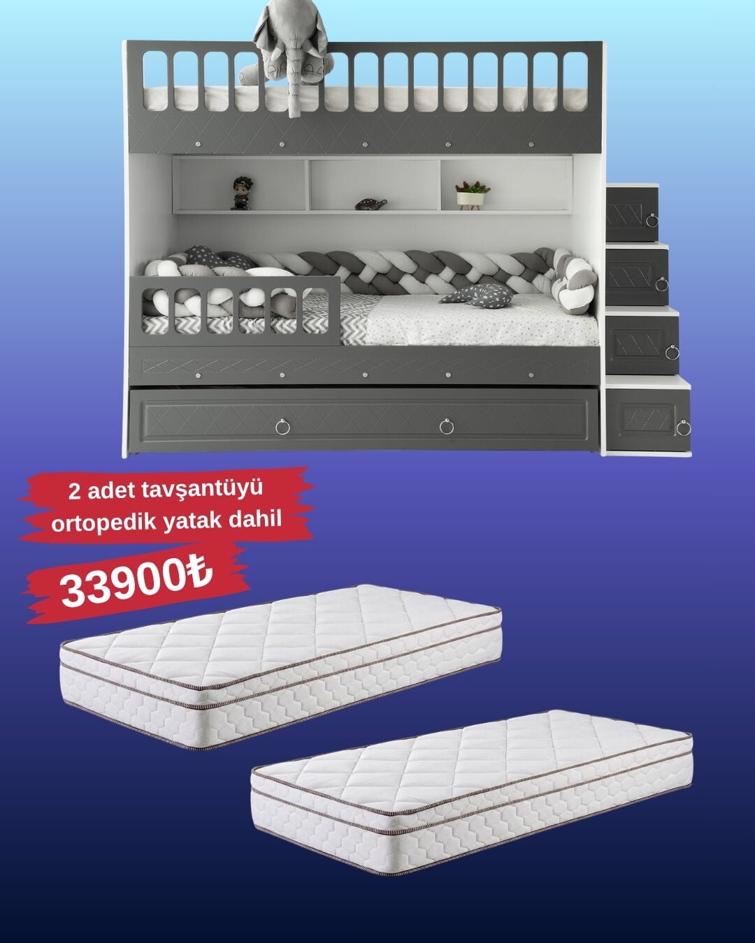 Zümrüt Ranza / Ücretsiz Kurulum / %100 MDF / 2 Adet Bambo Yaylı Yatak / 2 Adet Nevresim Takımı Hediye / Beyaz-Antrasit