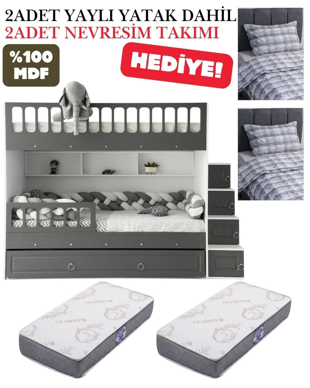 Zümrüt Ranza / Ücretsiz Kurulum / %100 MDF / 2 Adet Bambo Yaylı Yatak / 2 Adet Nevresim Takımı Hediye / Beyaz-Antrasit