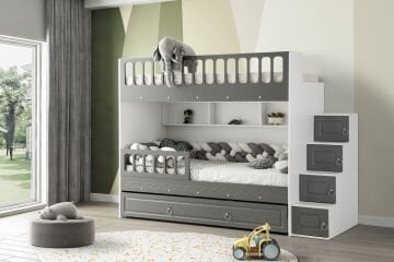 Zümrüt Ranza / Ücretsiz Kurulum / %100 MDF / 2 Adet Bambo Yaylı Yatak / 2 Adet Nevresim Takımı Hediye / Beyaz-Antrasit